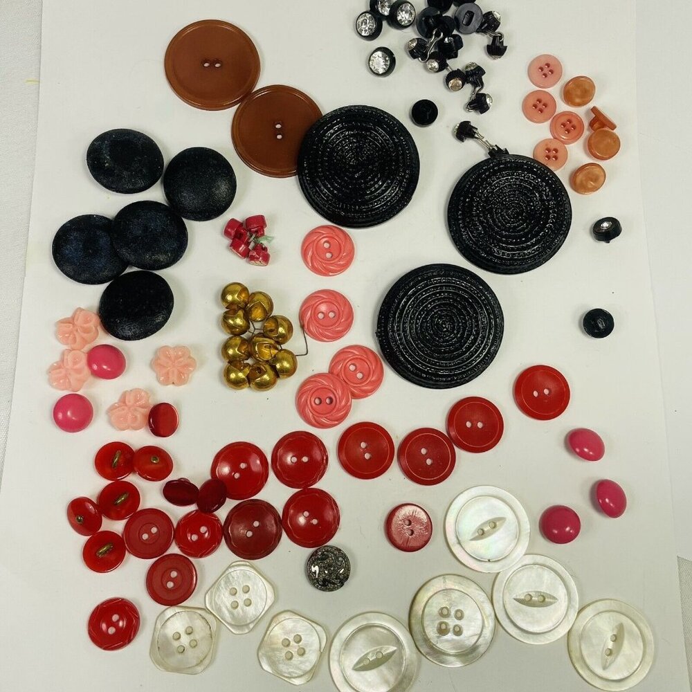 Button Pink Black Mother Pearl Plastic Metal Shell Random Lot Vintage For Crafts
